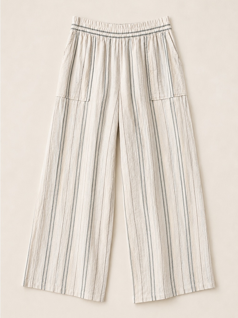 Martha Stewart Cream Wide-Leg Striped Pants with Blue Stripes